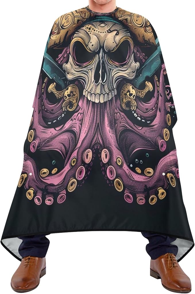 JUZIHAI Hair Cutting Cape, Pctopus Skull Pirate Waterproof Salon Barber Apron Cape with Adjustable Neck, Beard Shaving Bib for Men Women Kids, 55x65 Inch