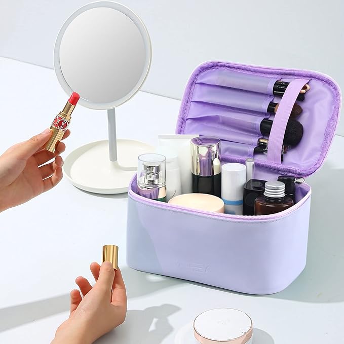 Travel Makeup Bag for Women, PU Leather Cosmetic Bag, Lavender Purple