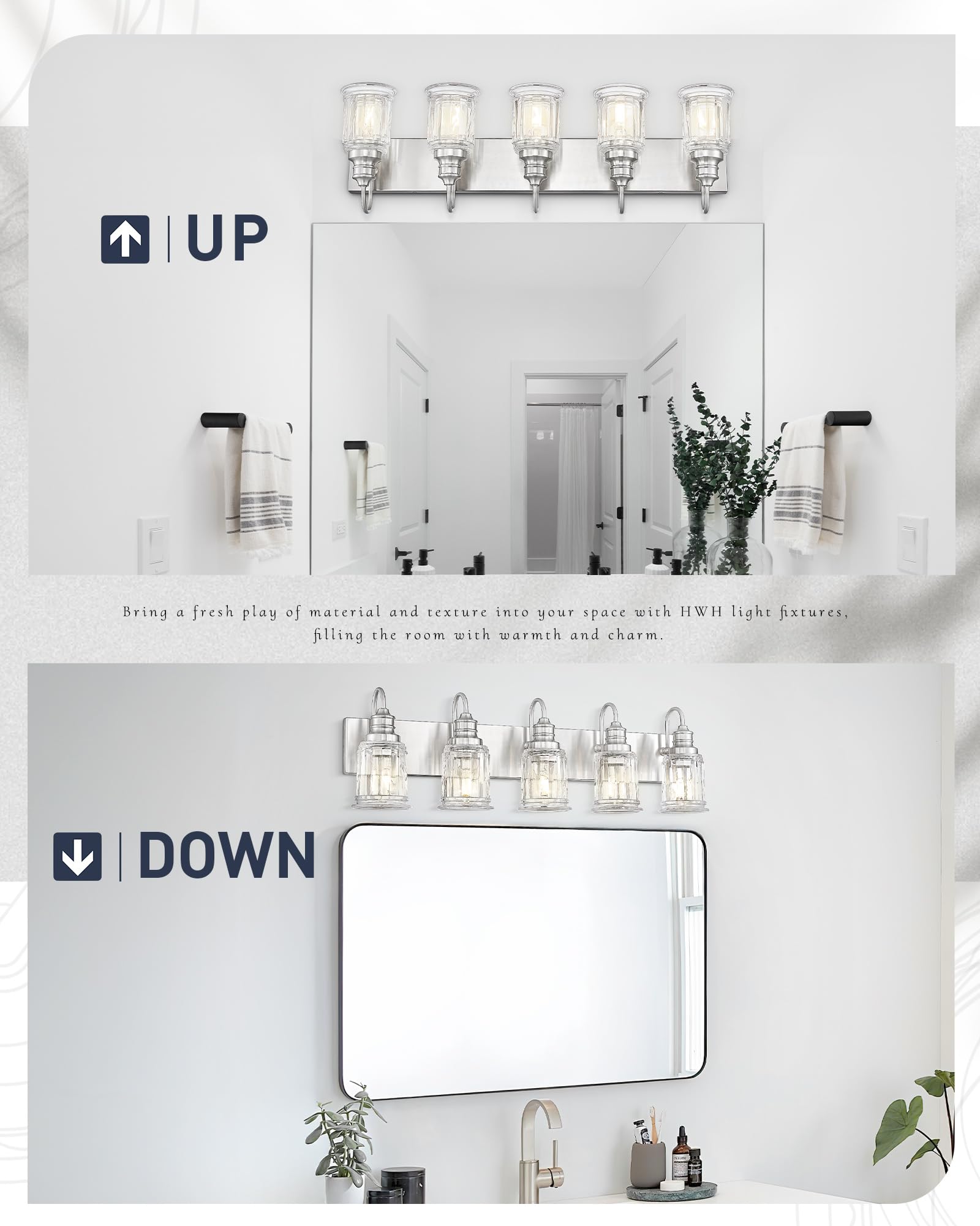 Bathroom Light Fixtures, HWH 5-Light Vanity Light, Modern Brushed Nickel Wall Lighting Over Mirror, Bell-Shaped Striped Glass, 5HZG106B-5W BN