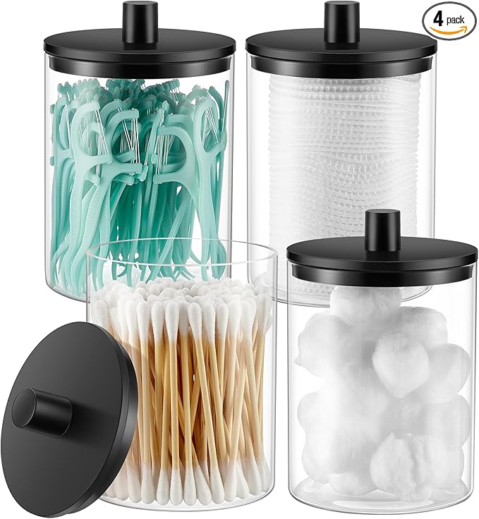 TIPGO Glass Qtip Holder Dispenser for Bathroom - 10 oz Clear Canister Apothecary Jar for Cotton Swabs, Balls, Pads, Floss Picks, Small Containers for Makeup Storage Organizer (2 Pack