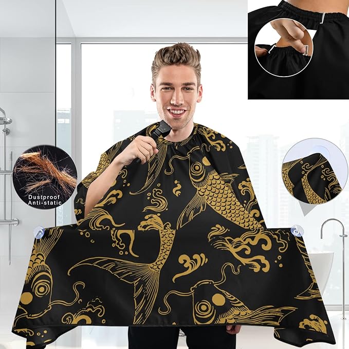 visesunny Barber Cape Vintage Chinese Koi Fish Polyester Hair Cutting Salon Cape Apron Anti-Static Haircut Water-Resistant Shaving Cloth Beard Shaving Bib Hairdressing Cape