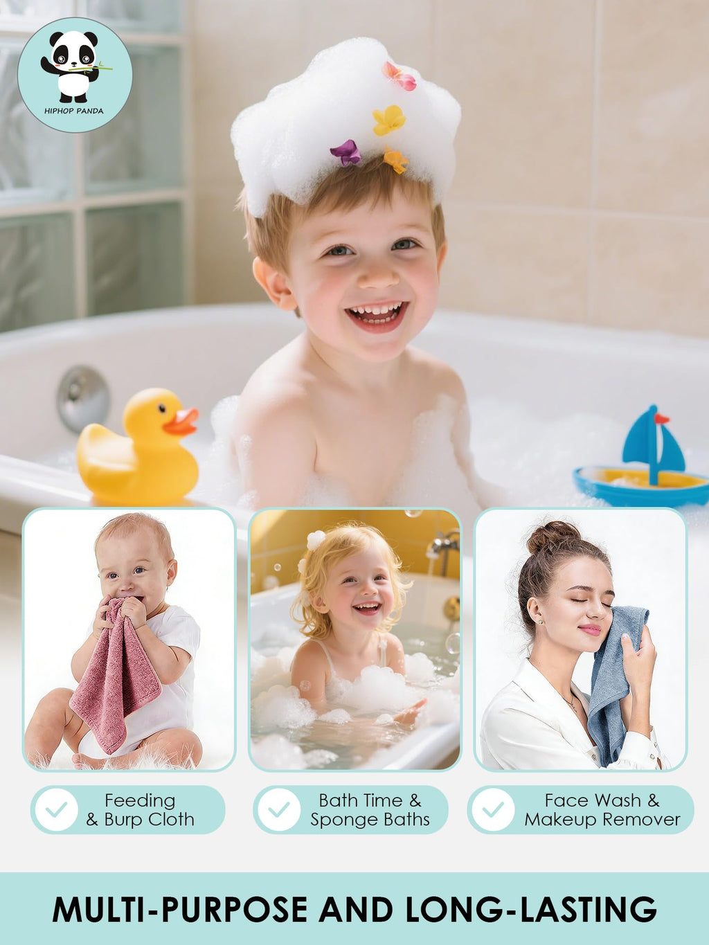 HIPHOP PANDA Ultra Soft Baby Washcloths, 2-Layer Absorbent Wash Cloths