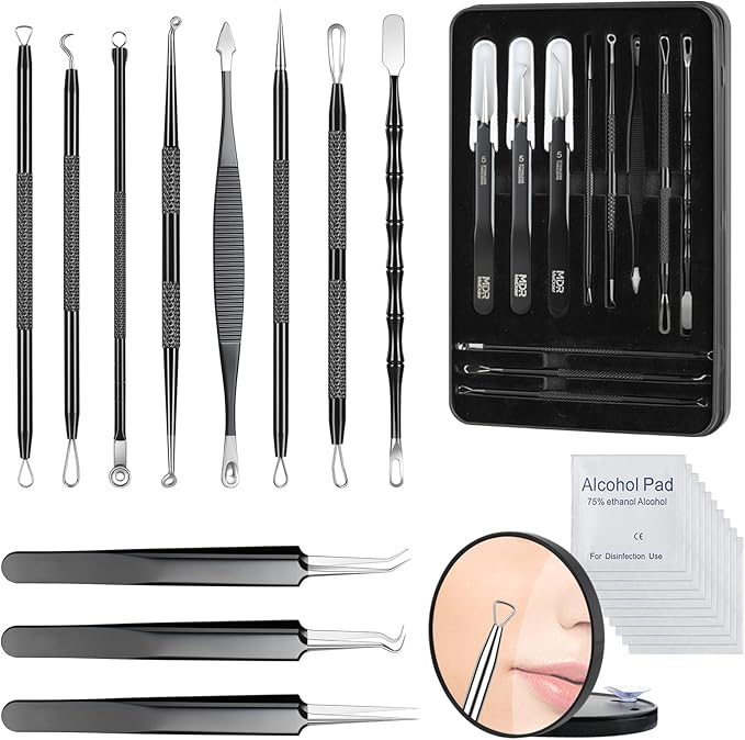 Meidaier 11Pcs Blackhead Remover Kit, Stainless Steel Acne Comedone Extractor with 10X Magnifying Glass & 20 75% Alcohol Pads, Pimple Whitehead Blemish Removal, Anti-Slip Handle & Storage Box
