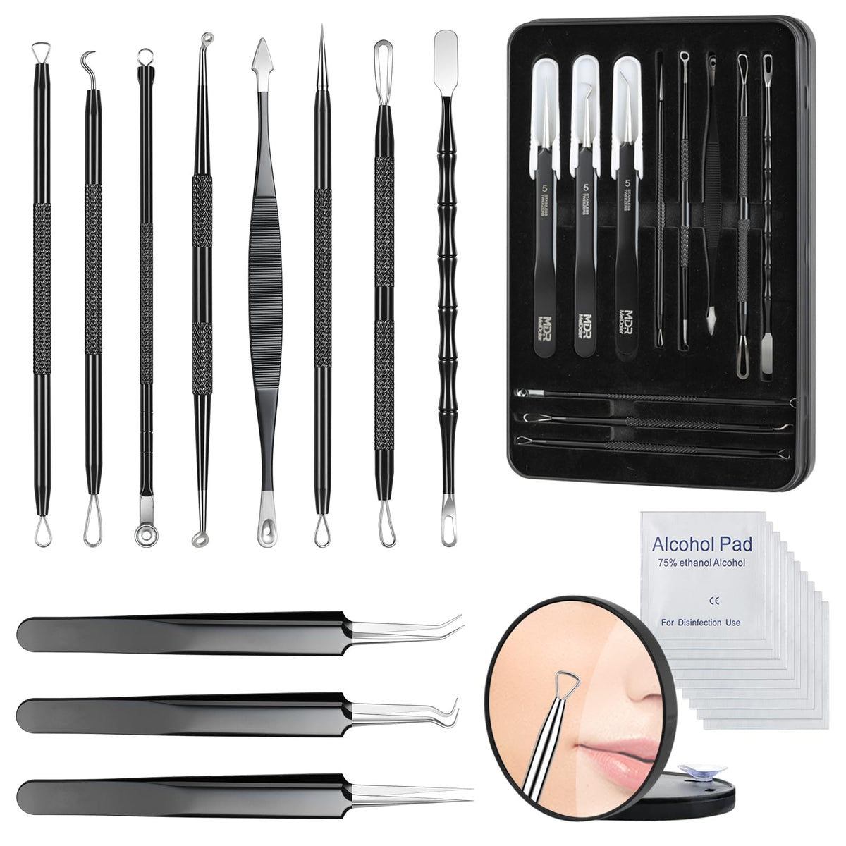 Meidaier 7Pcs Blackhead Remover Kit, Stainless Steel Acne Comedone Extractor with 10X Magnifying Glass & 20 75% Alcohol Pads, Pimple Whitehead Blemish Removal, Anti-Slip Handle & Storage Box