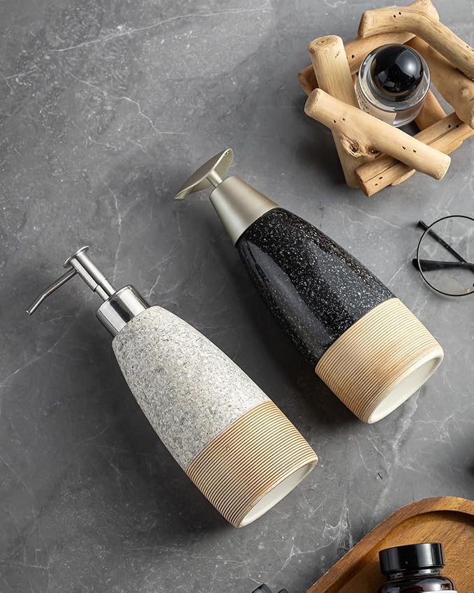 Ceramic Soap Dispenser with 2 Pumps, 12 oz Refillable Liquid Hand Soap Dispenser for Shampoo, Kitchen, Hand Soap Bottle for Mother's Day, Granite Grey