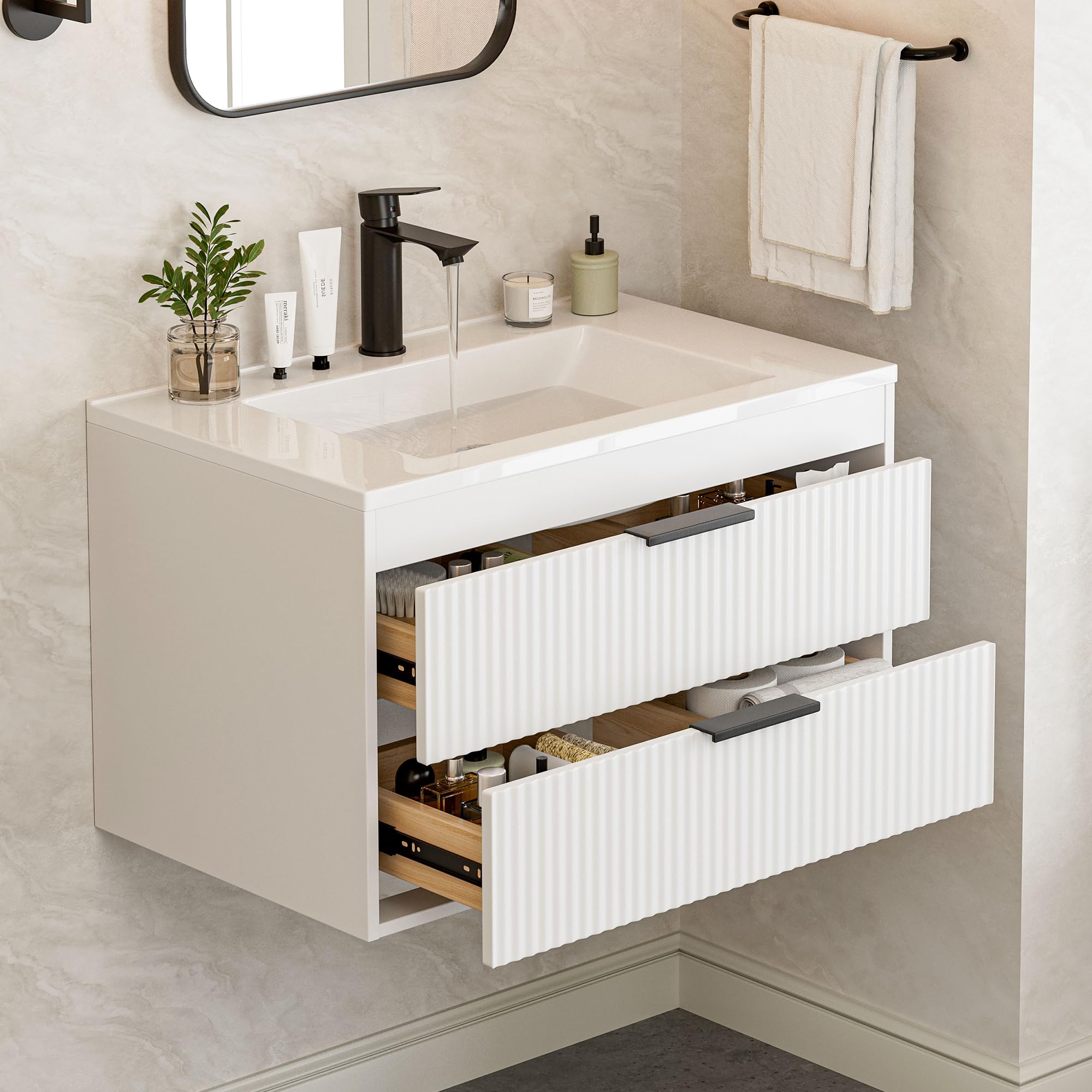 30 Inches Modern MDF Bathroom Vanity with Sink, Wall Mounted Floating Cabinets w/Double Drawers, Black Handles, White Resin Sink Combo Set (White, 30")