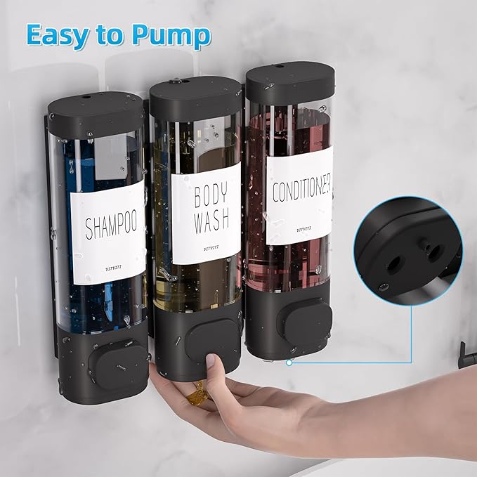 VITVITI Shampoo and Conditioner Dispenser for Shower Wall, Shower Soap Dispenser 3 Chamber No Drill Wall Mounted, 10.2 OZ Plastic Refillable Shower/Body Wash Bottles for Bathroom (Black)