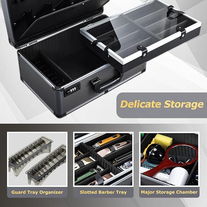 Yueieoun Professional Barber Case - Portable Barber Tool Case Hair Clipper Organizer with Combo Locks, Detachable Trays for Clippers, Shears, Razors, Trimmers - Secure Storage for Barbershop or Travel