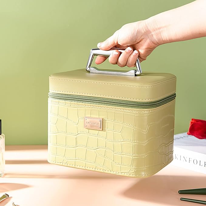 Sluxa Fashion makeup box, Portable leather hard cosmetic case with mirror, Professional train case make up box for women adults. (Green)