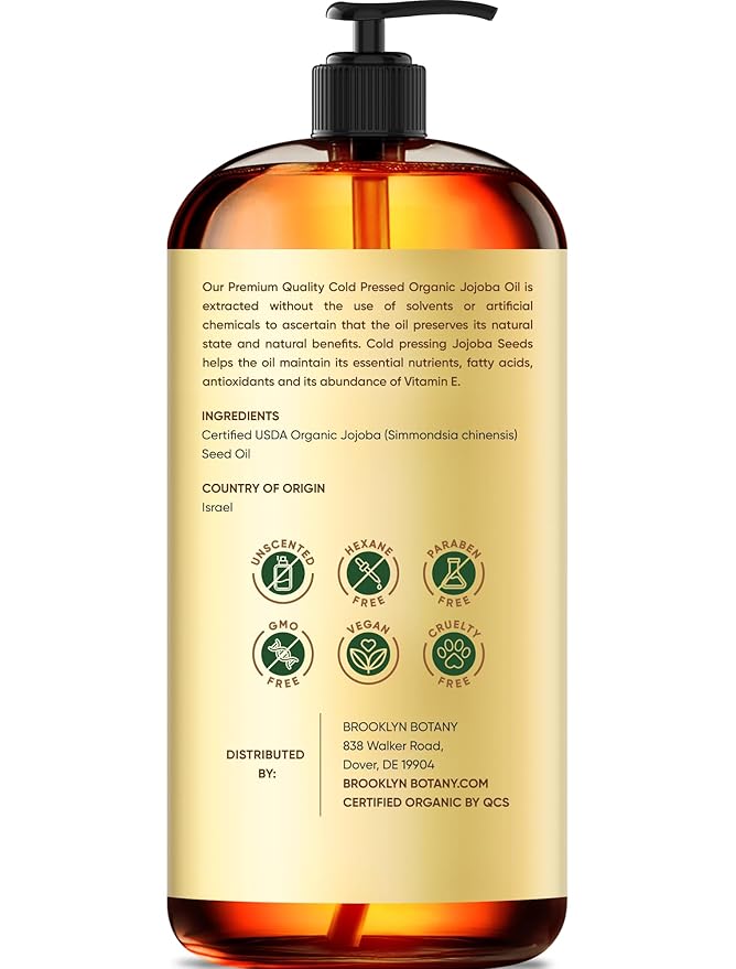 Brooklyn Botany Cold-Pressed Organic Jojoba Oil | 16 Fl Oz | Hair | Face | Body | 100% Pure and Natural | Carrier Oil | Aromatherapy | Massage | Ayurvedic Hair Care | Hexane-Free