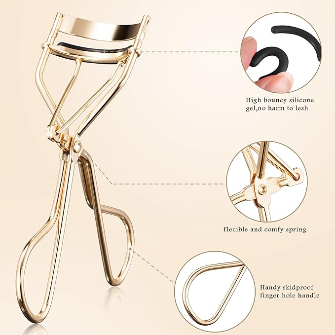 Pro Eyelash Curler – No Pinching, Hypoallergenic Rubber Pad for Perfect Curves, Painless & Gentle, Fits All Eye Types – Compact Travel-Friendly Design with Case (Gold)