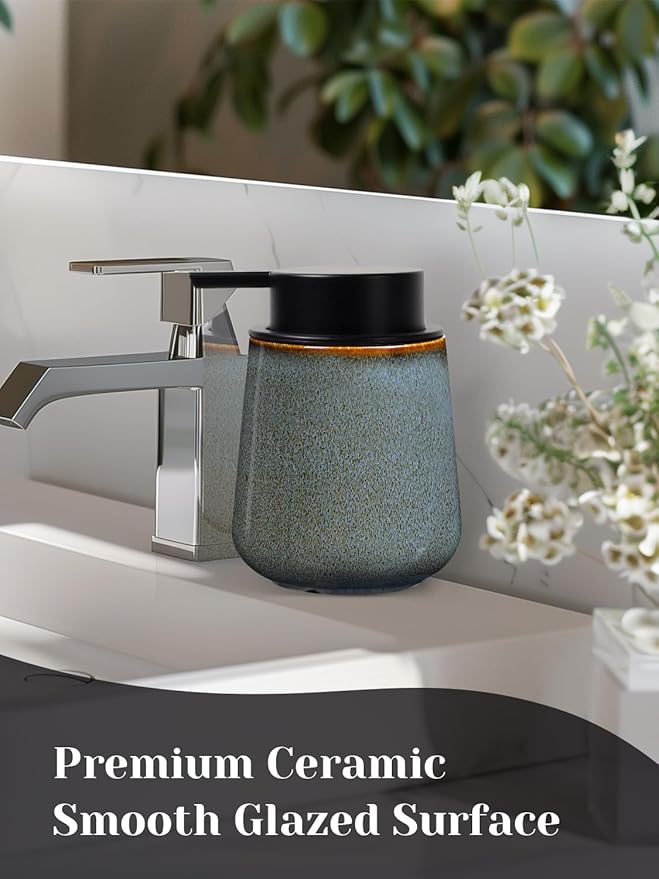 INGOFIN Ceramic Lotion Dispenser - 12 oz Refillable Hand Soap Dispenser Bathroom, Modern Liquid Dispenser with Pump, Dish Soap Dispenser for Kitchen,Kiln-Glazed Blue-Green