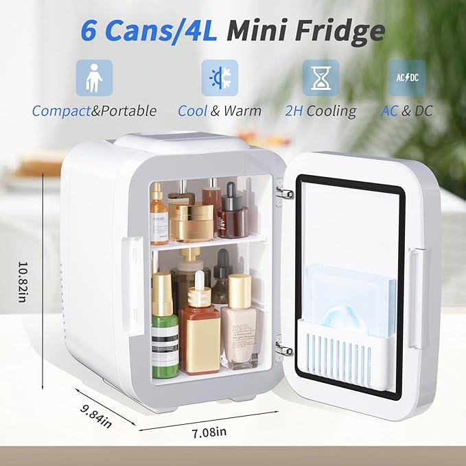 YASHE Skincare Fridge Mini Fridge for Bedroom with Dimmable LED Mirror, 4Liter/6 Cans Cooler and Warmer for Makeup, Cosmetic, Beauty, Portable Refrigerator for Bedroom, Vanity, Office and Car- White