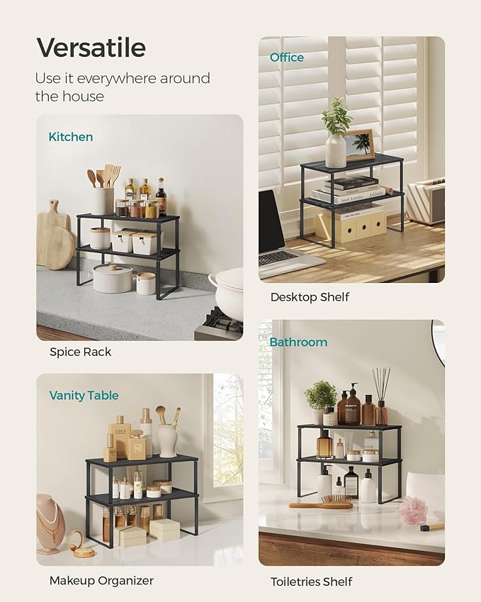 SONGMICS Cabinet Organizer Shelf, Set of 2 Kitchen Counter Shelves, Kitchen Storage, Spice Rack, Stackable, Expandable, Metal and Engineered Wood, 15.6 Inches, Ink Black and Charcoal Black UKCS025B01