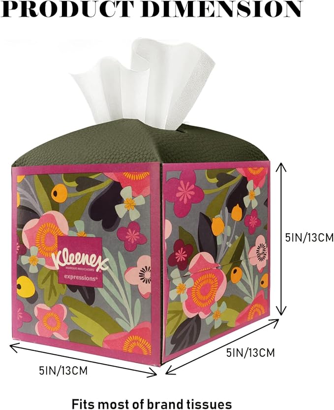 Tissue Box Cover Holder Square Tissue Cube Cover PU Leather Tissue Organizer with Bottom Belt for Bathroom, Tabletop, Car, Night Stands, Office, Home, Kitchen (2, OliveGreen)