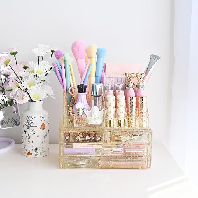 Ikee Design Acrylic Makeup Organizer with 4 Drawers Removable Top Lipstick Holders, Cosmetics Organizer for Skincare, Accessories, Lip Gloss for Vanity or Bathroom Countertop, Gold Glitter