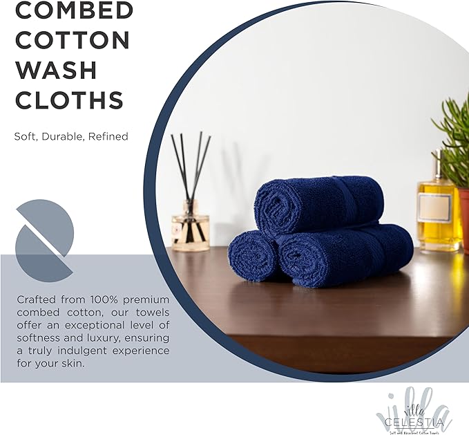 100% Cotton Wash Cloth for face & Body Set of 6, (12 x 12 inches) Sustainable, Soft, Highly Absorbent, Combed Cotton Wash Cloths Pack of 6 for Hotels, Spa, Bathroom, Dorm, Navy Blue