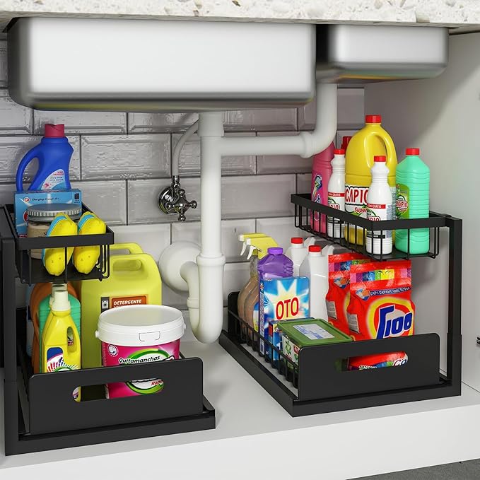 REALINN Under Sink Organizer, L-Shaped 2 Tier Pull Out Cabinet Organizer for Kitchen and Bathroom, Slide Out Under Cabinet Storage, Metal Under Sink Storage with Sliding Drawer, 50 lbs, Black 2 Pack