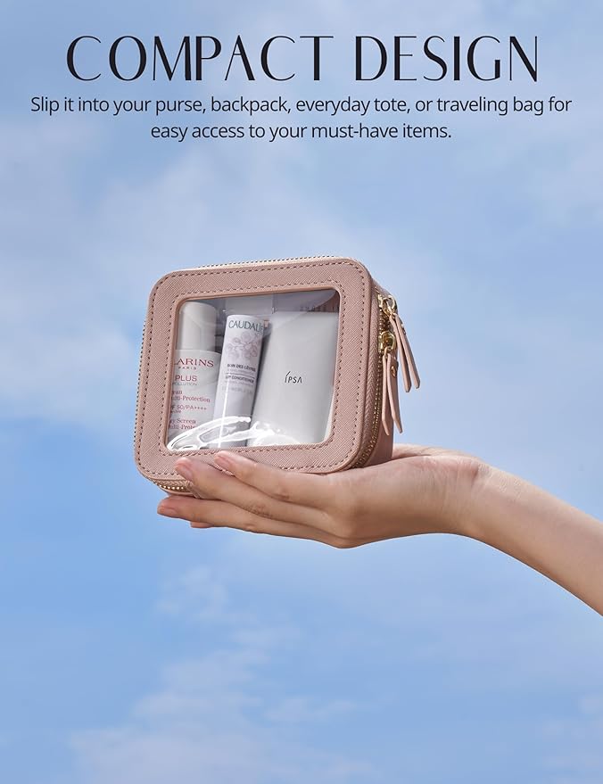 Small Makeup Bag for Purse Mini Cosmetic Bag Clear Pink Square Pouch for School Cute Leather Make Up Case Travel Organizer for Backpack Tiny Toiletry Bag with Zipper for Car Essentials Women Girls
