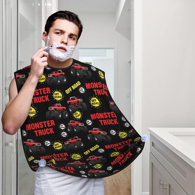 Beard Grooming Cape, Waterproof Hair Catcher for Shaving Trimming, Non-Stick Bib Apron Gifts for Dad Men, Red Monster Truck Car Shave Bib