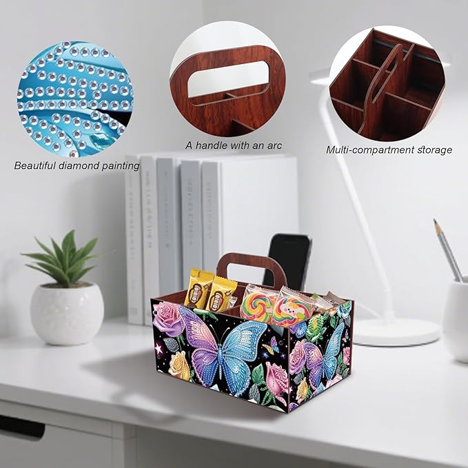 JZHYOAN DIY Flower Diamond Art Wooden Multi-Compartment Organiser Box with Handle Diamond Painting Cosmetic Storage Box for Adult Portable Wooden Storage Case for Storing Desktop Items