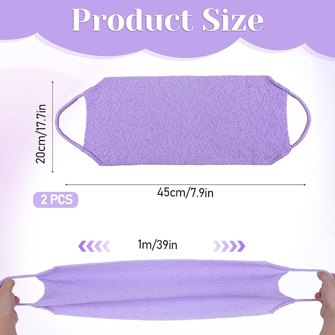 2 Pack Exfoliating Back Towel Scrubber for Shower, Nylon Exfoliating Back Washer for Shower for Women with Handles, Stretchable Pull Strap Bath Scrubber for Women Men Clean Skin Deeply(Pink, Purple)