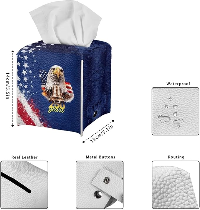 American 250 Years Tissue Box Holder Waterproof PU Leather Square Tissue Box Cover Holder with Metal Button Paper Dispensor Case for Home Office Car Automotive Decor