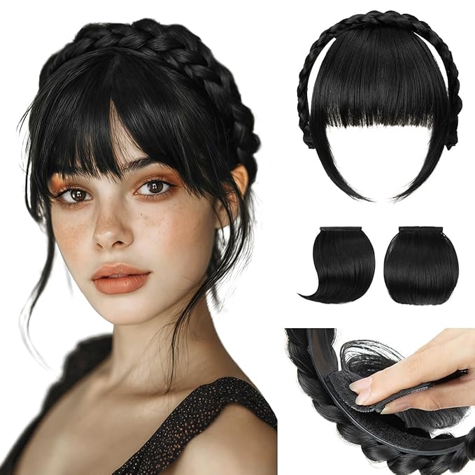 SARLA Braided Headband with 3 Detachable Clip in Bangs Fringe Hairpieces Fake Synthetic Hair Band Bangs for Women Black