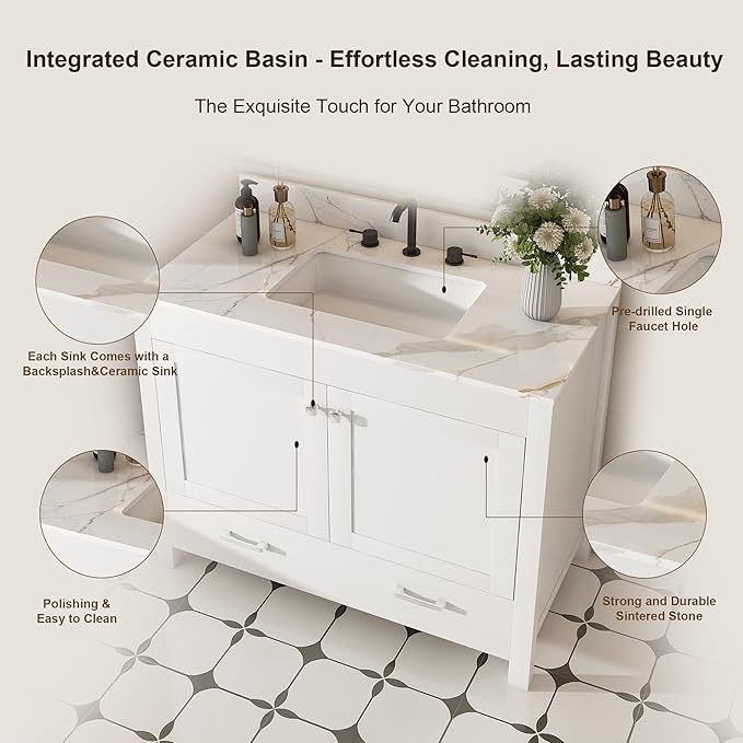 Montary 42" Bathroom Vanity with 43" Sintered Stone Carrara Gold Top, Modern Stylish MDF Bathroom Storage Cabinet, Vanity Set with 2 Doors and One Large Divided Drawer, White (Three Holes)