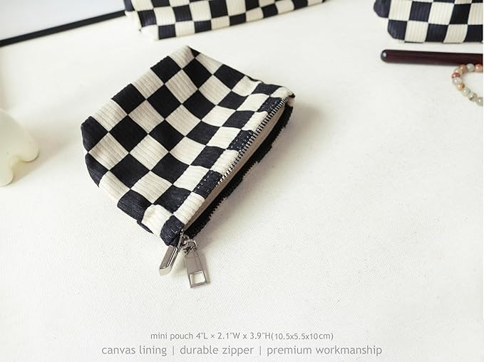 HAPPYHEIDI Checkered Corduroy Makeup Bag Set 3 Women Cosmetic Toiletry Travel Pouch Purse Accessory Organizer, 3-Size, Vintage Black Tan-White