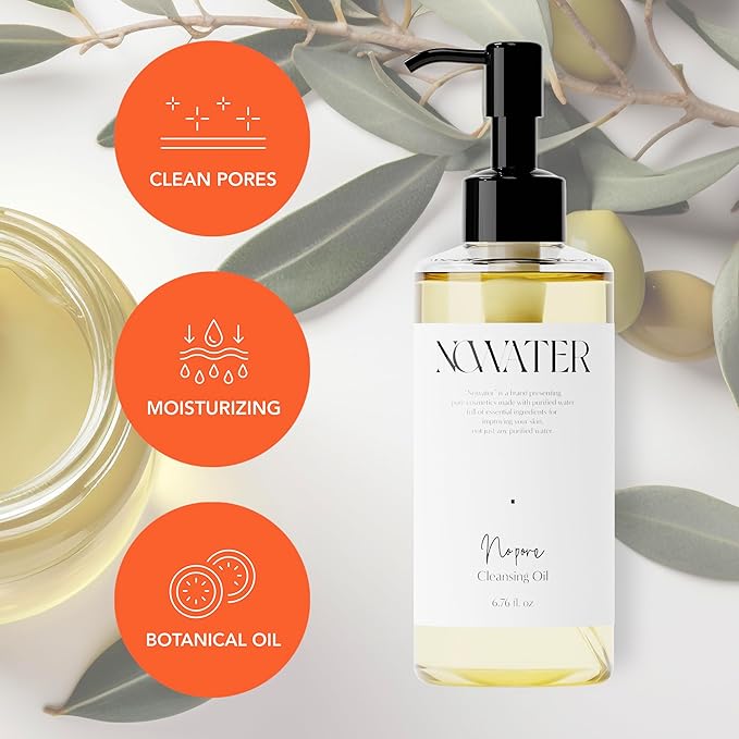 NOWATER Korean Cleansing Oil for Double Cleansing – Makeup Remover & Pore Cleanser with 30% Olive Oil, Tea Tree, Squalane, Blackhead Dissolving Facial Oil for All Skin Types, (6.76 fl.oz)
