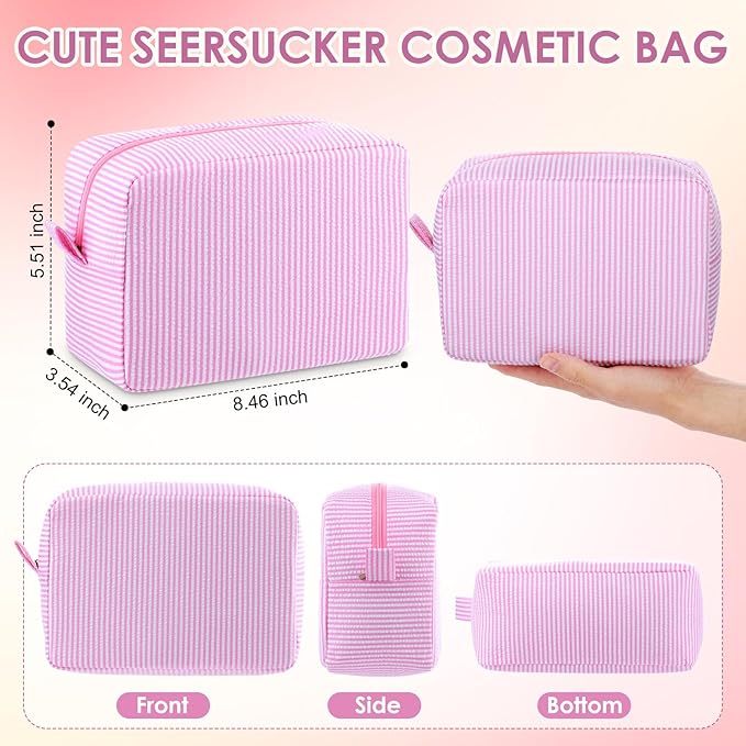 Sanwuta Seersucker Cosmetic Bag Bulk Striped Makeup Bag for Women Aesthetic Cute Travel Toiletry Organizer Preppy Storage Pouch for Wedding Bridesmaid Mother's Day Teacher Gift(Large,Pink,6)