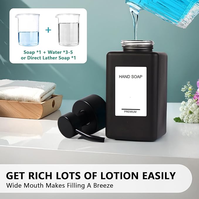 PLOUTA HOME Black Foaming Hand Soap Dispenser 2 Pack,12oz/350ml Glass Foaming Soap Dispenser Set with Stainless Steel Pump, Square Refillable Foam Pump Bottles for Bathroom&Kitchen,Includes 6 Labels