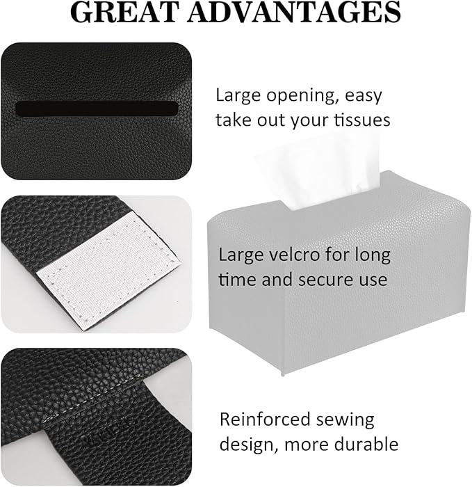 PARIERIS Tissue Box Cover PU Leather Tissue Holder Rectangle Facial Tissue Case Tissue Box Organizer Dispenser for Bathroom, Kitchen, Home, Office, Tabletop (Black, Tall)