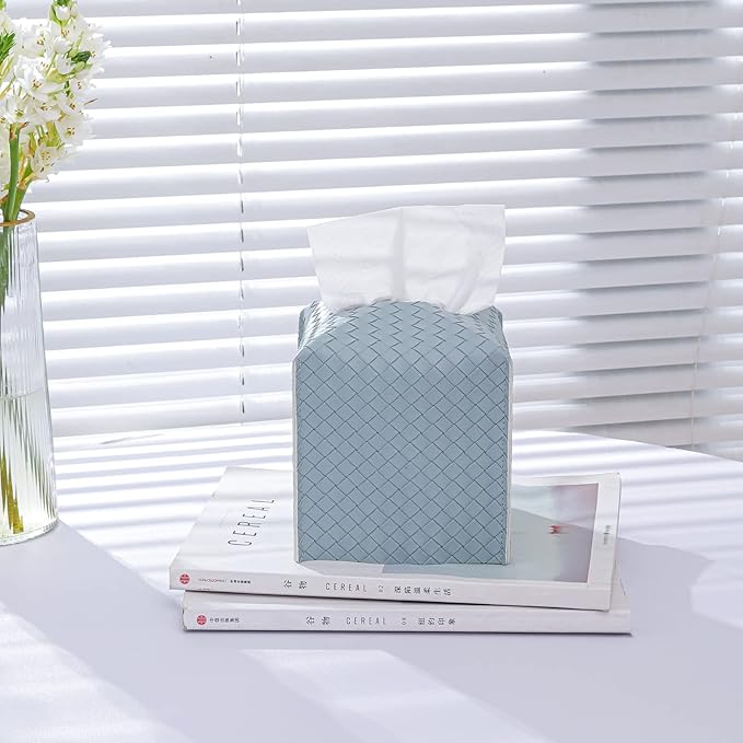 Tissue Box Cover PU Leather Tissue Holder Square Facial Tissue Case Facial Paper Organizer Dispenser for Bathroom, Vanity Countertop, Tabletop, Car, PowderBlue