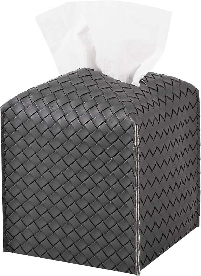 Tissue Box Cover PU Leather Tissue Holder Square Facial Tissue Case Facial Paper Organizer Dispenser for Bathroom, Vanity Countertop, Car, Dark Gray