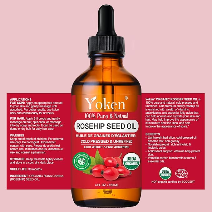Yoken Cold Pressed Organic Rosehip Seed Oil for Face, Hair & Body, 4 fl oz