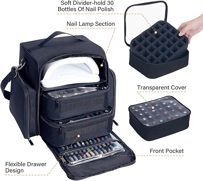 UOZL Nail Polish Organizer Case Hold 60 Bottles with 2 Detachable Bag,Black