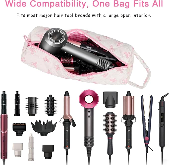 Hair Tool Bag, Quilted Hair Tools Travel Bag, Cute Large Hair Styling Tool Storage Case with Small Pouch, Compatible with Shark Flex Dyson Airwrap Hair Dryer Curling Iron, Cherry