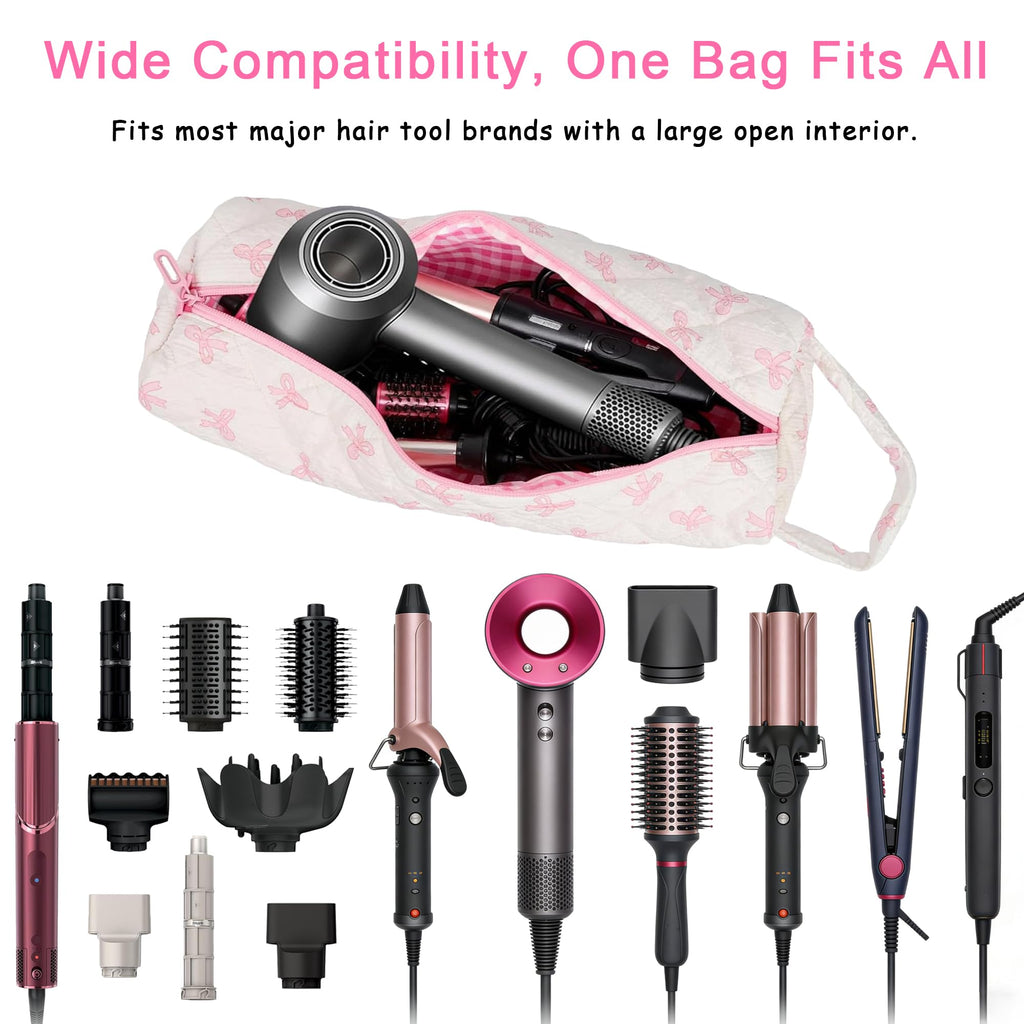 Hair Tool Bag, Quilted Hair Tools Travel Bag, Cute Large Hair Styling Tool Storage Case with Small Pouch, Compatible with Shark Flex Dyson Airwrap Hair Dryer Curling Iron, Cherry