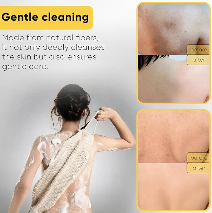 Natural Sisal & Ramie Exfoliating Back Scrubber for Shower with Handle - Deep Cleanse Back Scrubber, Scrub Spa Tool for Glowing Skin & Whole Body Care