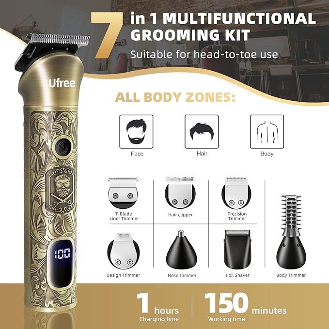 Ufree 7-in-1 Beard Trimmer for Men, Electric Razor Shaver, Men Grooming Kit