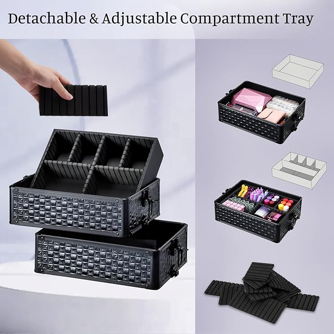 Adazzo 4 in 1 Rolling Makeup Trolley Train Case Cosmetic Suitcase Nail Tech Box for Makeup Artist, Hairstylists, Nail Tech Case with with Keys Swivel Wheels Traveling Trunk (Shiny Brick)