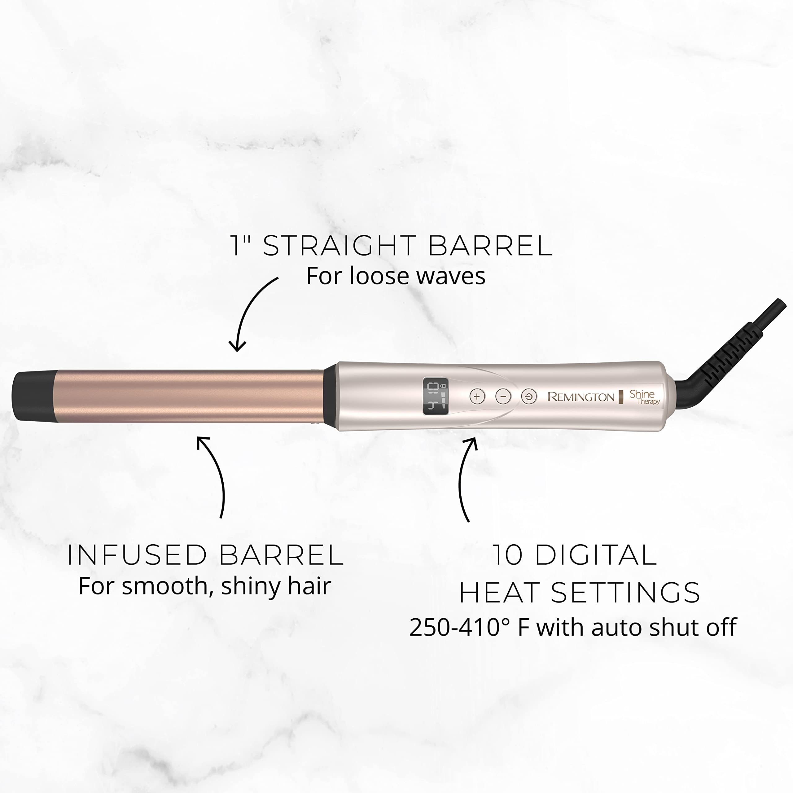 REMINGTON Shine Therapy Argan Oil & Keratin Infused 1 Inch Straight Barrel Curling Wand for Loose Waves, Includes Heat Glove