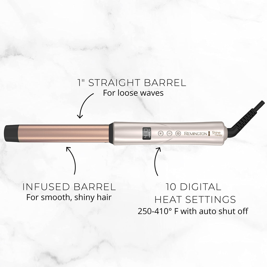 REMINGTON Shine Therapy Argan Oil & Keratin Infused 1 Inch Straight Barrel Curling Wand for Loose Waves, Includes Heat Glove
