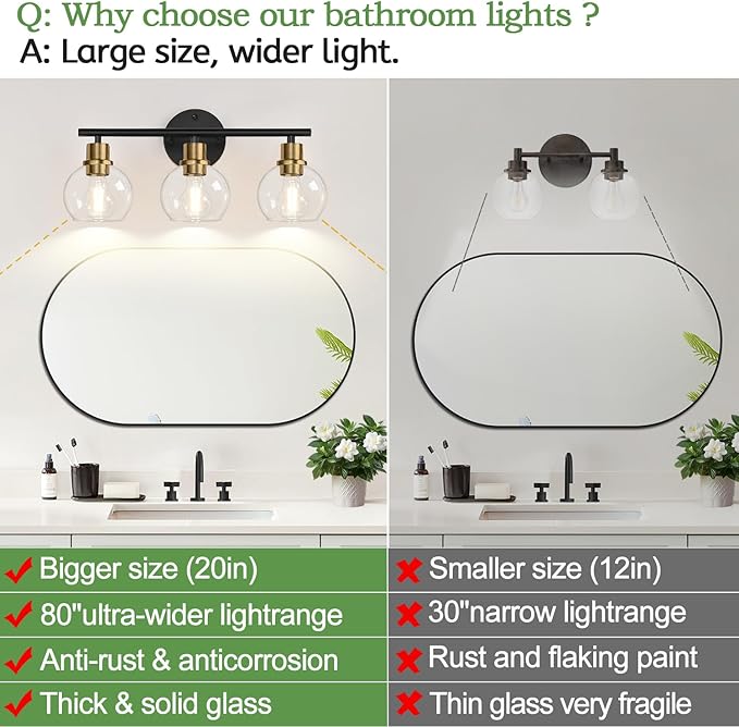 3-Light Bathroom Light Fixtures, Black and Gold Bathroom Lights Over Mirror with Clear Glass Globe Shade, Vanity Lights for Bathroom Kitchen Living Room Hallway Cabinet Bedroom Porch