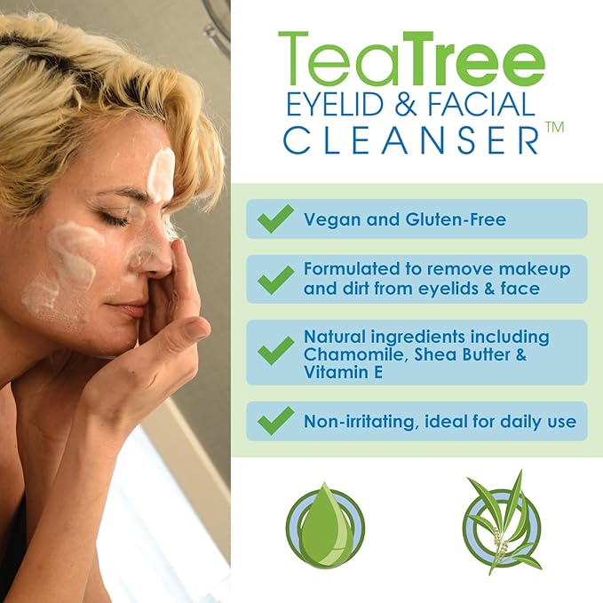 Gentle Tea Tree Oil Foaming Facial Cleanser – 1.6oz – Non-Irritating Eyelid Cleanser & Face Wash with Tea Tree, Chamomile & Shea Butter