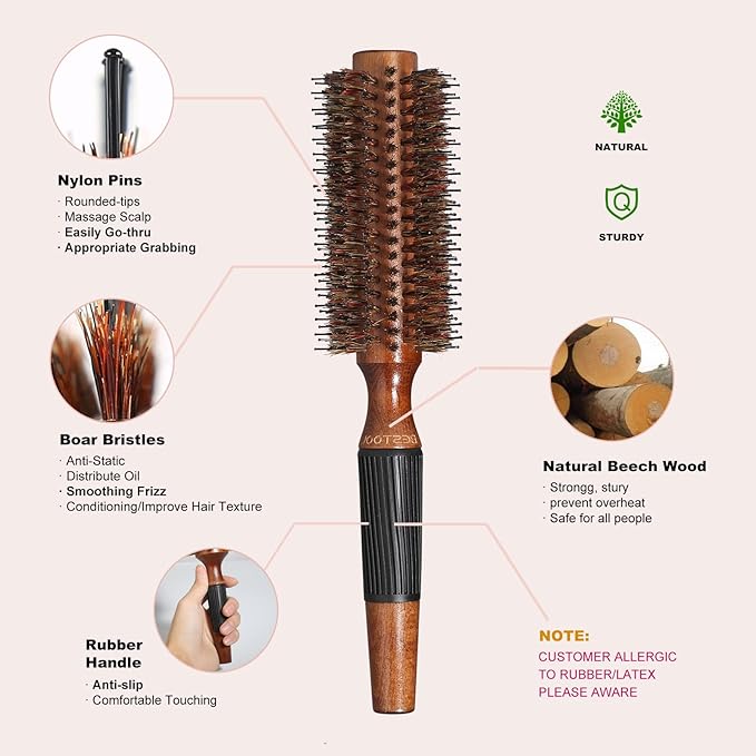 BESTOOL Round Hair Brush for Women or Men, Boar Bristle Small Round Hairbrush for Quick Blowout, Add Shine/Volume, Minimize Damage (2.2 Inch)