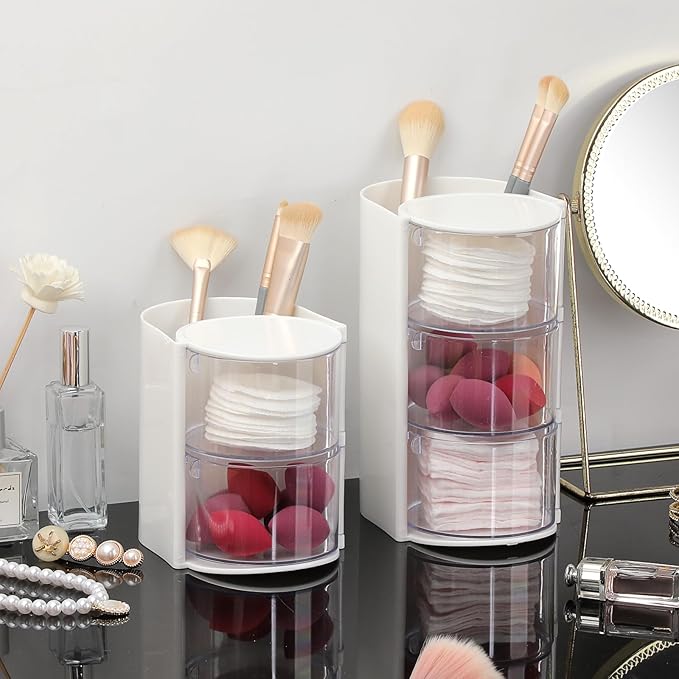 GUSHBIN Hair Accessories Organizer with Hair Brush Holder Rotating Makeup Storage Container Plastic Desktop Storage Organizer for Hair Clip Tie, 2-Layer White