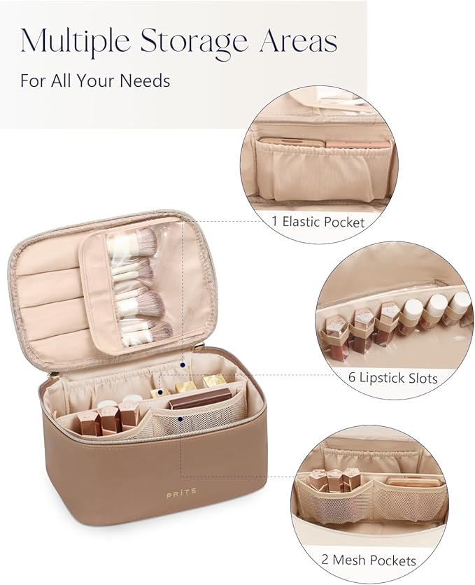 Prite Makeup Bag, Large Capacity Cosmetic Bag for Women and Girls, Waterproof PU Leather Travel Makeup Case, Toiletry Organizer with Handle and Divider for Skincare and Brushes - Brown
